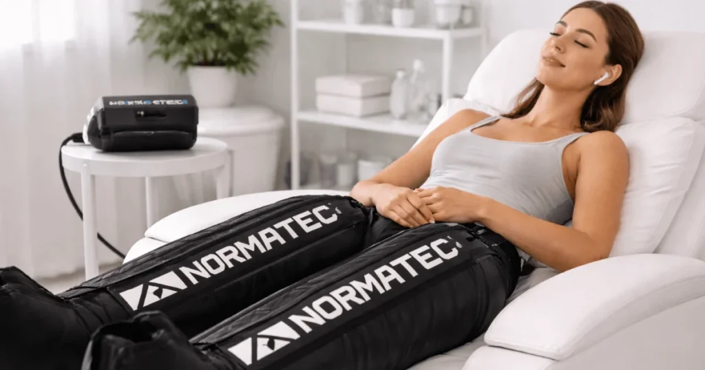 Person relaxing during NormaTec compression therapy session with leg recovery boots in a wellness clinic
