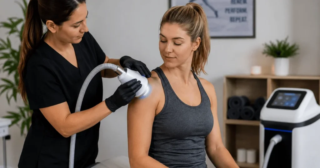 Person receiving localized cryotherapy treatment for pain and inflammation relief in a wellness clinic