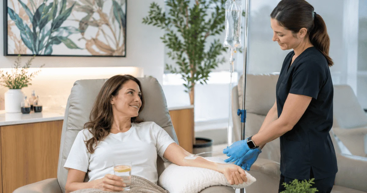 Patient receiving IV therapy treatment for hydration and nutrient balance in a professional wellness clinic.