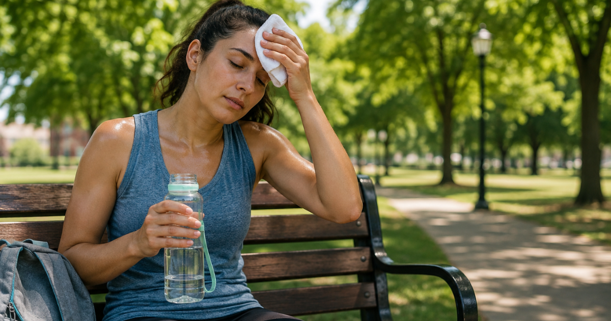 Woman resting in a park and drinking water after heat exposure