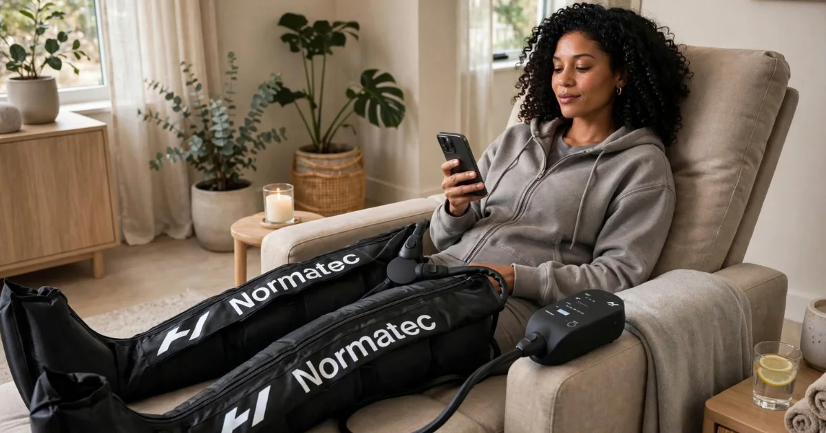 Adult relaxing in a lounge chair while wearing pneumatic compression sleeves for leg recovery